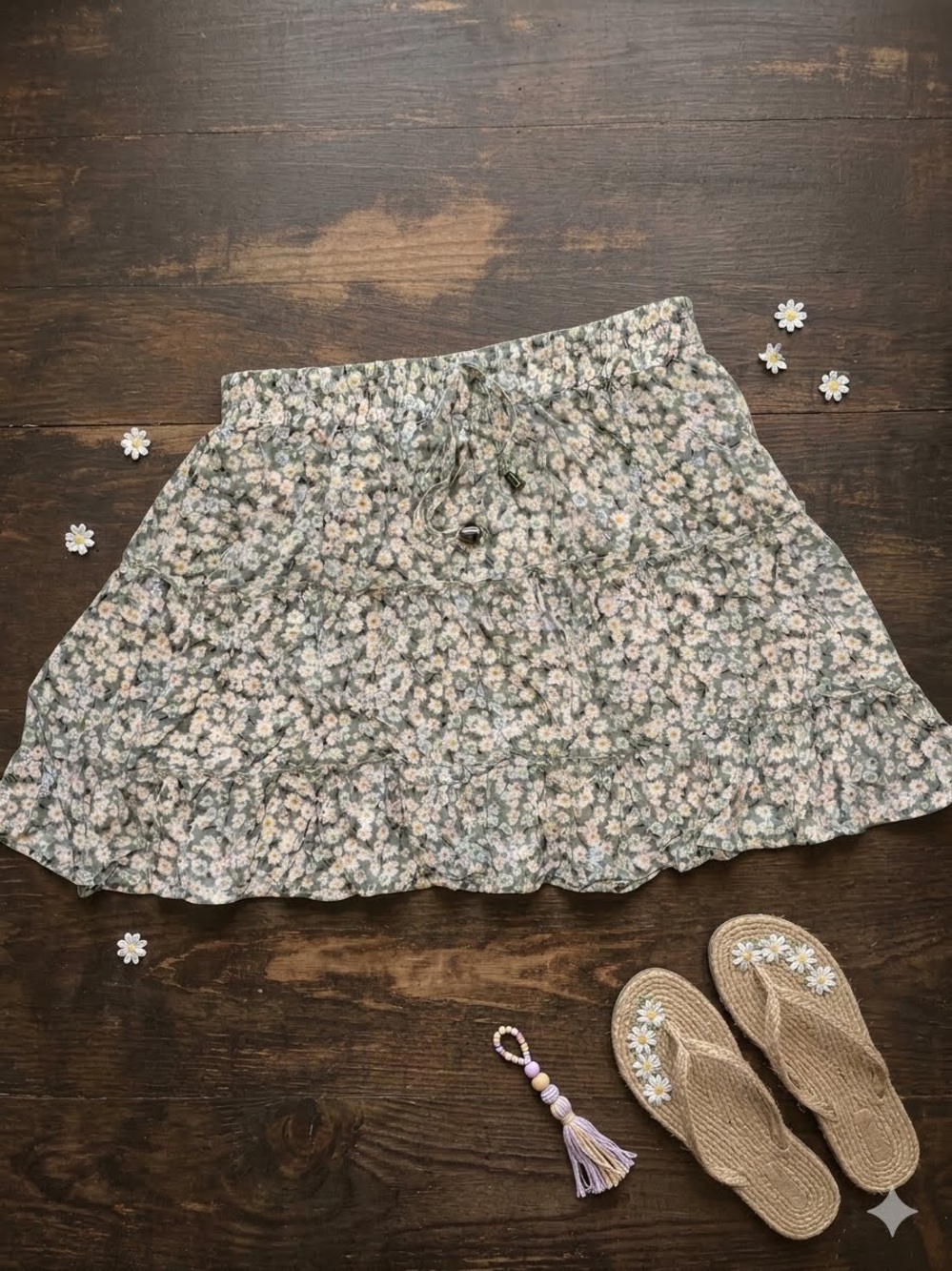 SHEIN NWOT Sage Green Ditsy Floral Tiered Ruffle Mini Skirt - Size Small